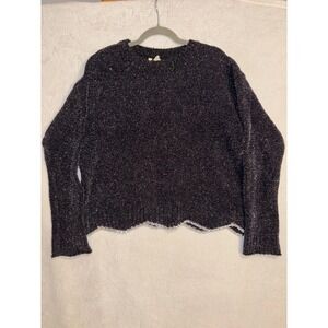 Moth Black Metallic Shimmer Scalloped Hem Pullover Sweater Womens Medium ST-6507